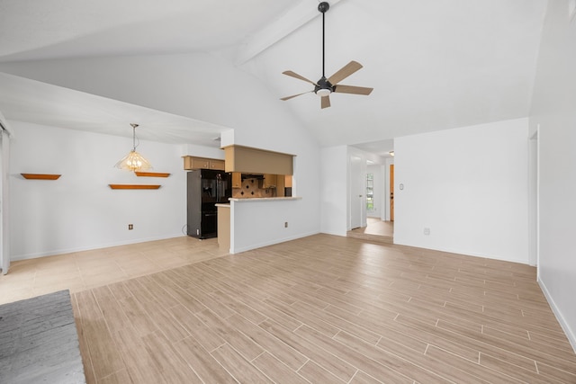 814 Pickford Dr, Katy, TX 77450 - unfurnished living room with a ceiling fan, high vaulted ceiling, beam ceiling, and light wood-style floors