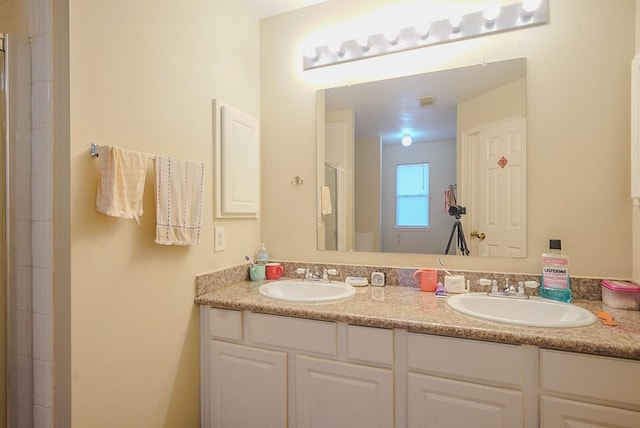 bathroom with double vanity, walk in shower, and a sink