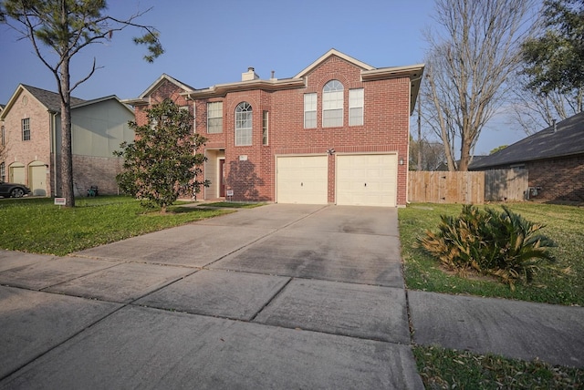 view of front facade featuring brick siding, fence, concrete driveway, a front yard, and an attached garage