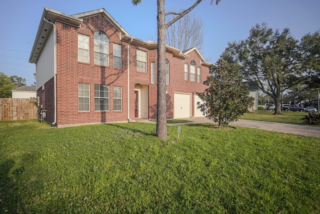 view of front of house with brick siding, an attached garage, fence, a front yard, and driveway