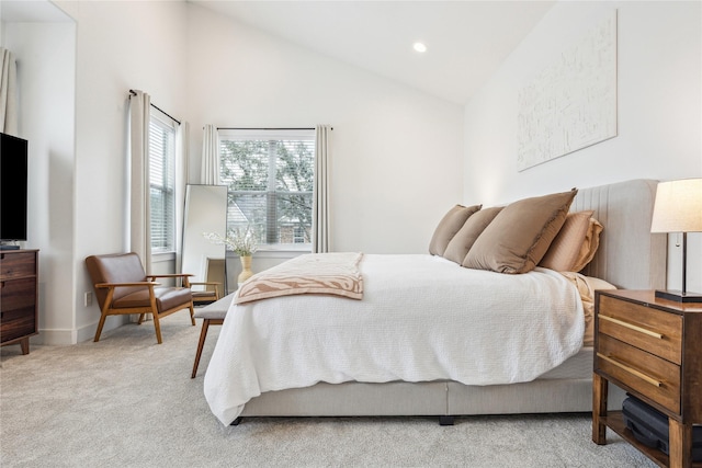 bedroom with light carpet, high vaulted ceiling, baseboards, and recessed lighting