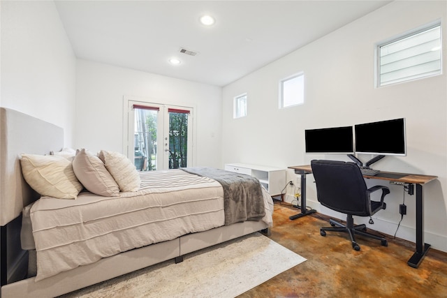 bedroom featuring visible vents, baseboards, french doors, concrete floors, and recessed lighting