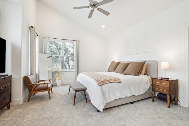 bedroom with recessed lighting, light colored carpet, ceiling fan, and baseboards