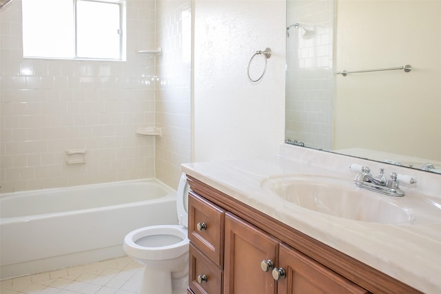 full bathroom featuring toilet, tile patterned flooring, shower / washtub combination, and vanity