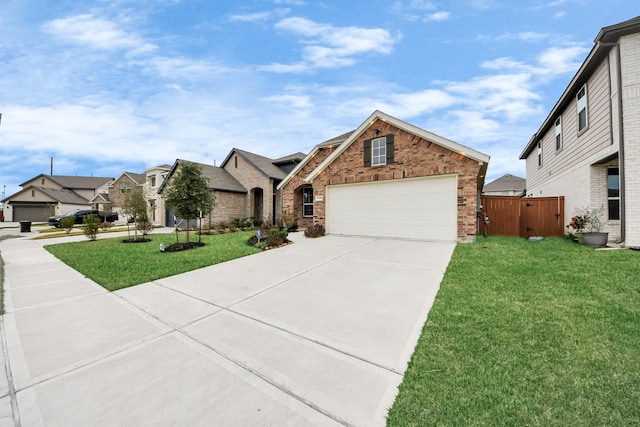 view of front facade with a residential view, concrete driveway, brick siding, and a front lawn