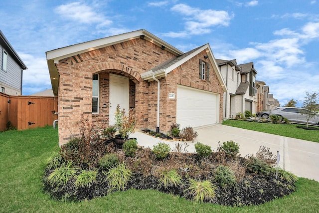 view of front of house featuring driveway, a front yard, a garage, and brick siding