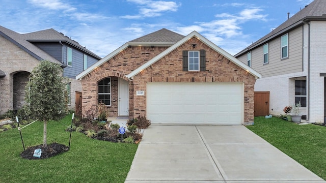 view of front of property featuring a garage, a front yard, brick siding, and driveway