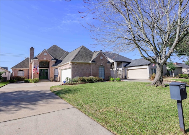 view of front of property featuring a garage, driveway, a chimney, a front lawn, and brick siding