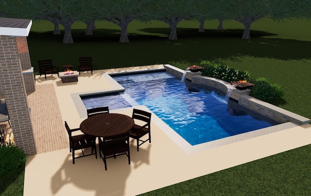 view of swimming pool featuring an outdoor fire pit and a patio