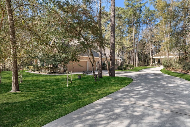 surrounding community featuring driveway, a garage, and a lawn