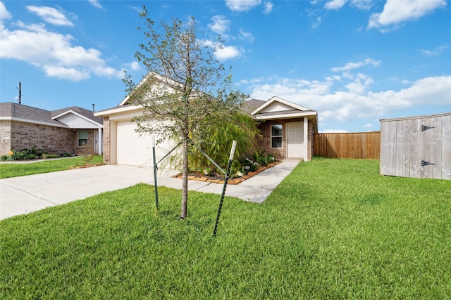 view of front of home with a garage, brick siding, concrete driveway, fence, and a front yard