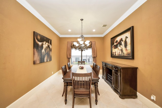 dining room featuring visible vents, baseboards, an inviting chandelier, crown molding, and recessed lighting