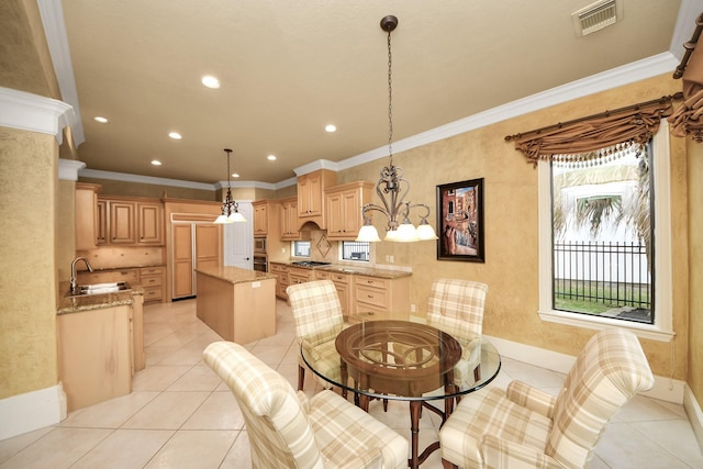 dining space featuring light tile patterned flooring, recessed lighting, visible vents, an inviting chandelier, and crown molding