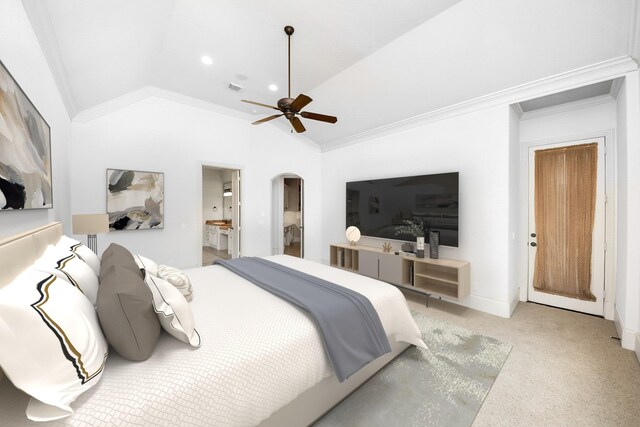 2256 Lake Cove Way, Seabrook, TX 77586 - bedroom with lofted ceiling, arched walkways, crown molding, light carpet, and ceiling fan