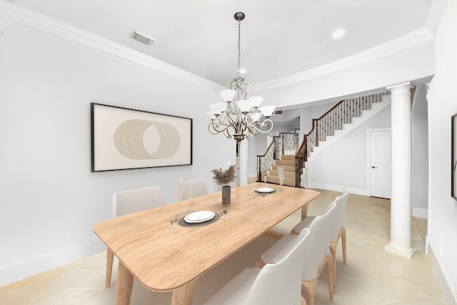 2256 Lake Cove Way, Seabrook, TX 77586 - dining area with a chandelier, ornamental molding, baseboards, light tile patterned flooring, and stairway