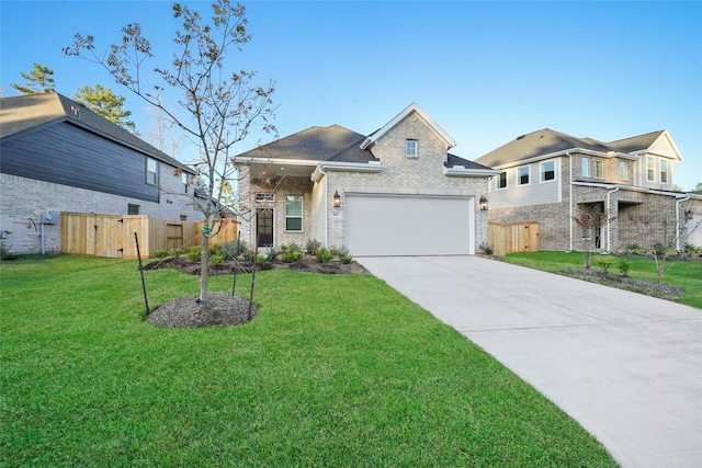 view of front facade with an attached garage, brick siding, fence, concrete driveway, and a front yard