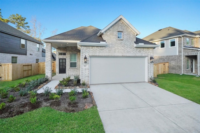 view of front of property with concrete driveway, an attached garage, fence, a front yard, and brick siding