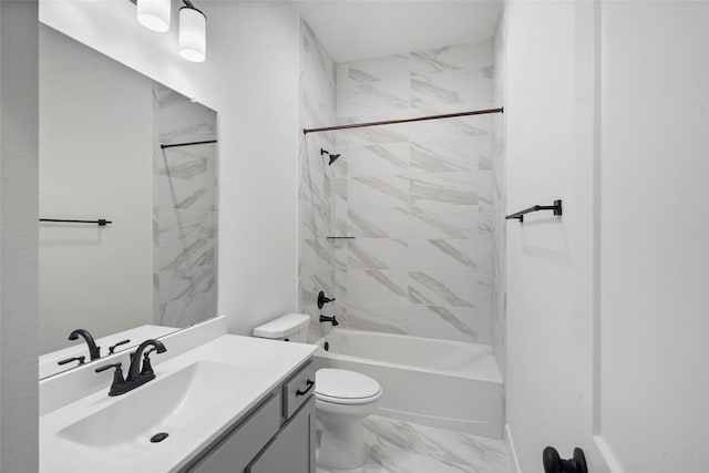 full bath featuring marble finish floor, toilet, vanity, and shower / tub combination