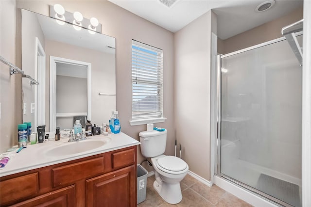 full bath with toilet, a shower stall, vanity, and tile patterned floors