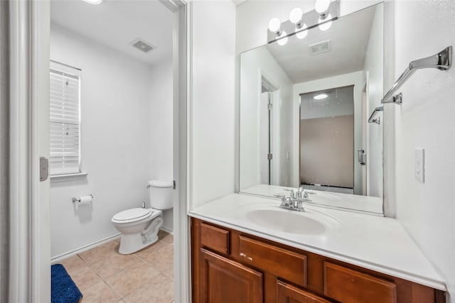 bathroom with tile patterned flooring, visible vents, vanity, and toilet