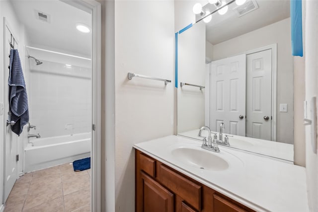 full bathroom featuring shower / washtub combination, vanity, visible vents, and tile patterned floors