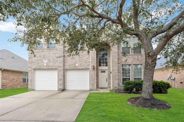 view of front of property featuring a garage, driveway, brick siding, and a front yard