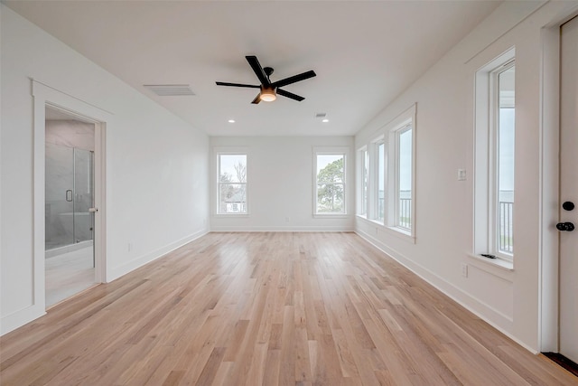 unfurnished room featuring recessed lighting, a ceiling fan, visible vents, baseboards, and light wood-type flooring