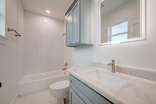 full bath with toilet, shower / washtub combination, vanity, and recessed lighting