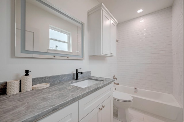 full bathroom featuring toilet,  shower combination, vanity, and recessed lighting