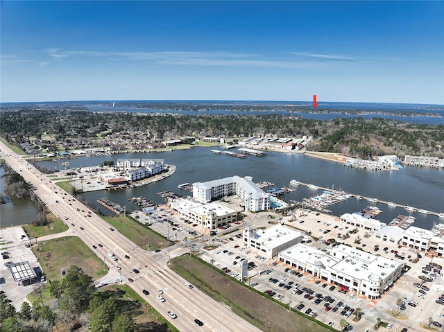 drone / aerial view featuring a water view