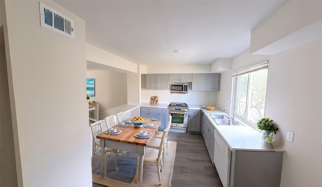 kitchen featuring visible vents, stainless steel appliances, light countertops, gray cabinetry, and a sink