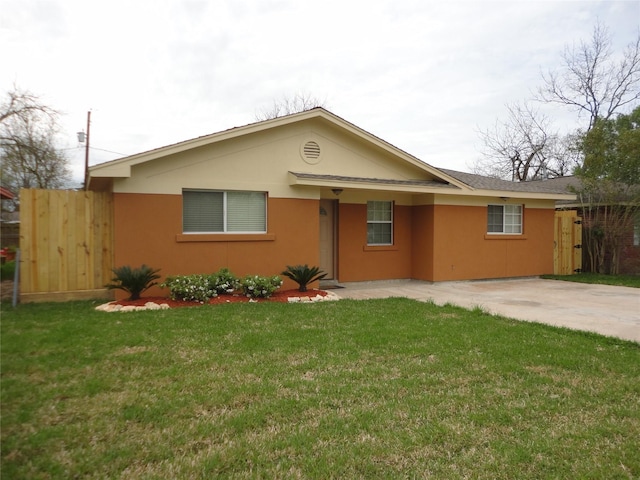 ranch-style home with a front lawn and stucco siding