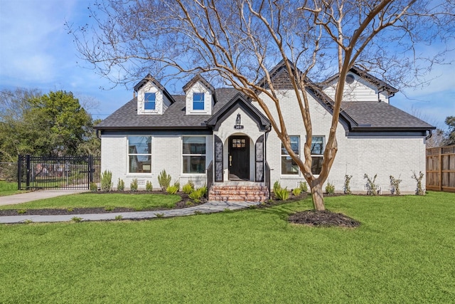 view of front of house with a front lawn, a gate, fence, roof with shingles, and brick siding