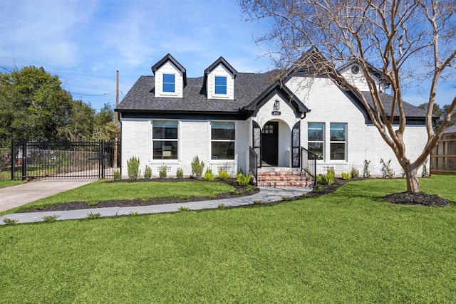 view of front of house with brick siding, a shingled roof, a front yard, a gate, and fence