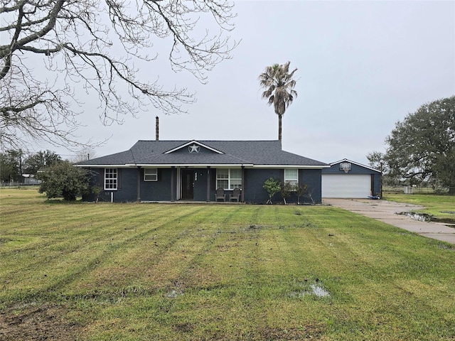 ranch-style home featuring a garage, driveway, and a front lawn