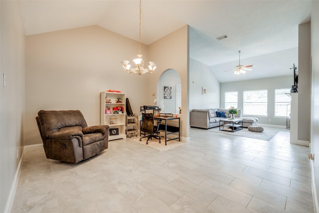 living room featuring visible vents, baseboards, lofted ceiling, arched walkways, and ceiling fan with notable chandelier