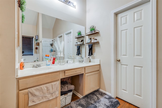 bathroom featuring wood finished floors, walk in shower, a sink, and double vanity