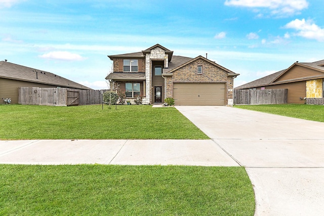 view of front of house featuring an attached garage, brick siding, fence, concrete driveway, and a front lawn