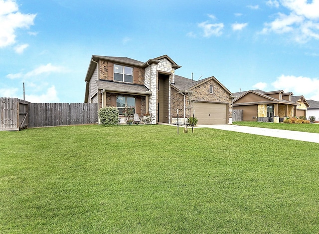 view of front of home featuring a garage, brick siding, fence, concrete driveway, and a front lawn