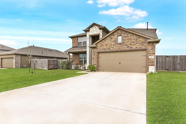 view of front facade featuring driveway, brick siding, a front lawn, and fence