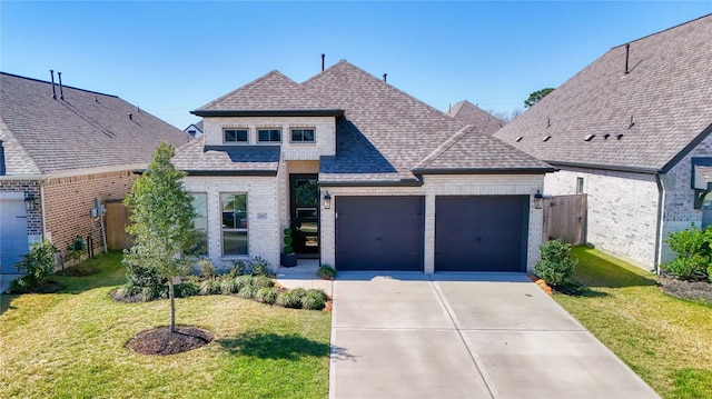 view of front of home with a garage, concrete driveway, a front lawn, and a shingled roof