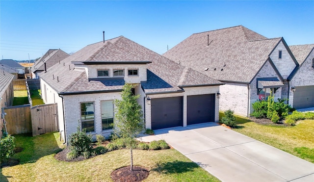 view of front of property with a garage, roof with shingles, driveway, and a front lawn