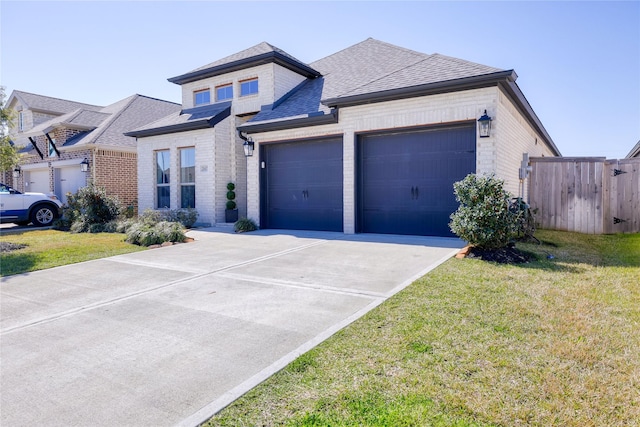 view of front of home featuring brick siding, a shingled roof, concrete driveway, a garage, and a front lawn