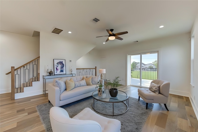 living area featuring a ceiling fan, recessed lighting, wood finished floors, and visible vents