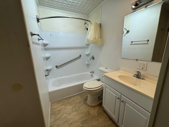 bathroom with  shower combination, ornamental molding, vanity, and toilet