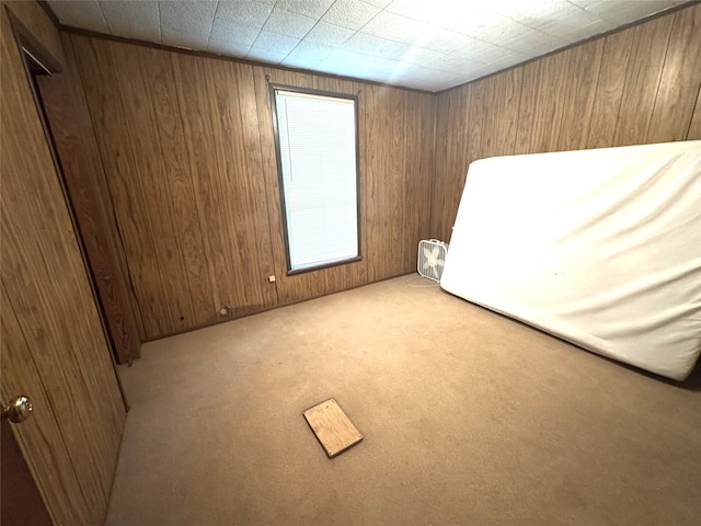 unfurnished bedroom featuring wood walls and light colored carpet