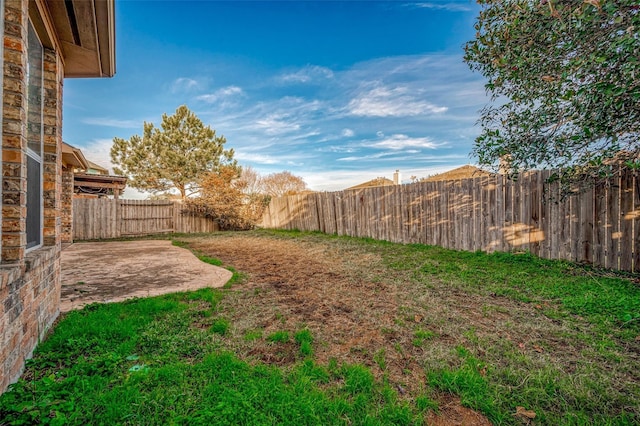 view of yard with a fenced backyard and a patio