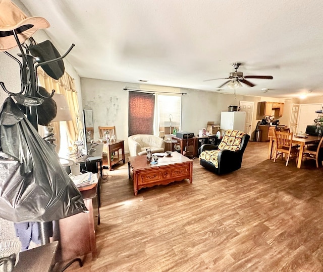 living room featuring a ceiling fan, visible vents, and wood finished floors