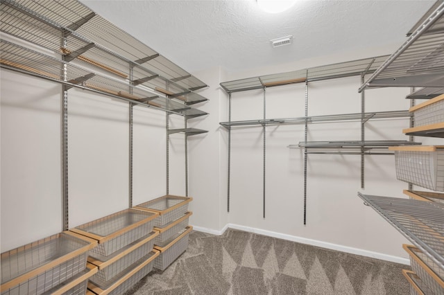 spacious closet with visible vents and dark carpet