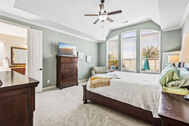 bedroom with light carpet, baseboards, visible vents, lofted ceiling, and crown molding